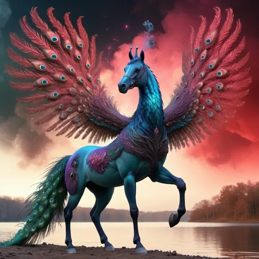 Prompt: 
hybrid mutant demonic horse+peacock crossing, voluminous wings, on the mystical shore of the lake,smoke fractal, bright crimson color, super-detailed galactic background in the sky, surrealism, stardust, mysticism, flicker, fantasy, glitter and shine of the eyes, 30mm lens, 1/250s, f/2.8, ISO 400, soft lighting, filigree drawing, high detail, high resolution, lots of detail, depth of field, floral botanical