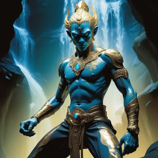 Prompt: Double-exposure; high-angle glossy (abe sapien: 1.0) Sun Wukong 孙悟空 in gold and vintage blue intricate glass armor, dynamic pose, glowering expression, waterfalls, intense blacks, nighttime; sepia, amber, golden brown, blue-grey, green, cold purple neon light; sergio toppi, jae lee, david mack, joe chiodo, humberto ramos, Makoto Shinkai, J.C. Leyendecker, ilya Kuvshinov, Royo, Karol Bak, Alphonse Mucha, Jordan Grimmer, Greg Rutkowski