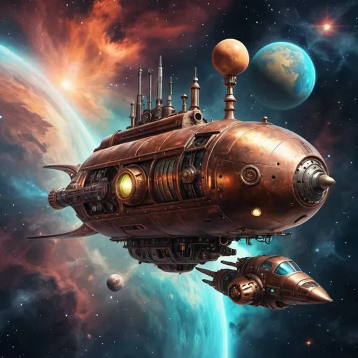 Prompt: Realistic digital painting
A steampunk and 60s spaceship in space surrounded by nebula and planet