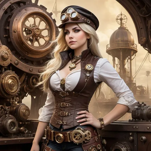 Prompt:  image that embodies the essence of Jaina Proudmoore from world of warcraft in a steampunk setting. The depiction should blend human sorcesses recognizable traits with Victorian-era industrial influences, featuring mechanical gadgets, cogs, and steam-powered machinery. Her attire should be a fusion of her usual style and classic steampunk fashion, including brass accessories and leather accents. Ensure the background reflects a retro-futuristic landscape, with airships and intricate gear architecture. Emphasize both the whimsy of streamer culture and the gritty aesthetic of the steampunk genre.