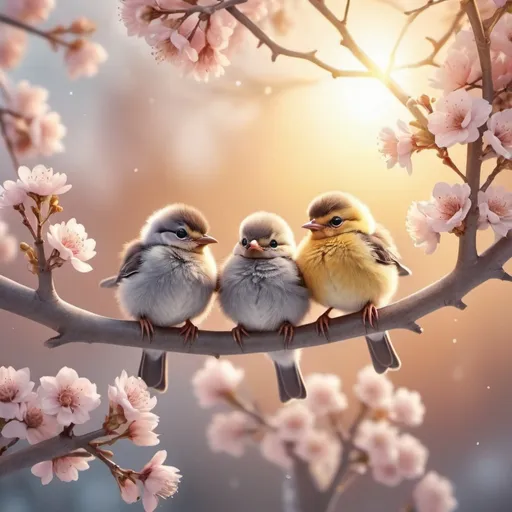 Prompt: A cute baby birds sitting on a branch of a tree, with soft color winter flowers winter landscape surrounding the tree, (Sun up above lightening up yard) extremely detailed, soft colors, 3d render, photo, wildlife photography, vibrant