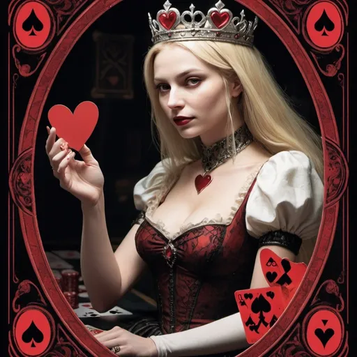 Prompt: "Female mean queen, shown on a playing card adorned with red Q and heart symbol at every edge. The mean queen, revealed halfway from the side, is reaching out her hand trying to grab a young, beautiful girl known as Alice. Dusty, dark atmosphere. The only brightness comes from the sunlight selectively illuminating the two characters."
