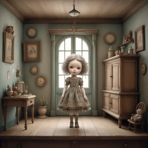 Prompt: By Nicoletta Ceccoli and Jean-Baptiste Monge style, a cute doll inside a dollhouse, Amazing and beautiful creation, muted colors , lots of details, very odd, strange, different, perfect, award winning art, highly detailed environment, 8k, characters and elements of the scenery entirely within the frame of the image, detailed realization, definition high quality, trending on artstation, sharp focus, studio photo, intricate details, highly detailed, kids story book style, , kids story book style, muted colors, watercolor style,  award winning artwork, perfection , 8k, octane render, unreal engine, ultra hd, realistic, vivid colors, highly detailed, UHD drawing, pen and ink, perfect composition, beautiful detailed intricate insanely detailed octane render trending on artstation, 8k artistic photography, photorealistic concept art, soft natural volumetric cinematic perfect light