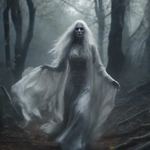 Prompt: Generate an ultra high definition (8k) image of a stunning Ghost Woman walking through a forest, long silver hair blown by the wind, necromancer. The image should be a close-up, capturing her in motion in a low-cut outfit. The woman should be adorned with a large amount of jewelry with occult symbols, showing intricate and hyper-realistic details. The overall aesthetic of the image should be a mix of neo-futuristic glamor and dark, mystical elements. To emphasize the beauty and mystique of the woman, use edge lighting, moonlight, global neon lighting and other dark neon lighting techniques. Attention to symmetry is crucial to achieving a masterpiece, and the image must pay close attention to small details, macro details and ultra-detailed textures. Additionally, incorporate volumetric lighting for a sense of depth and realism. Realistic reflections on surfaces will improve the overall image quality. The end result should be incredible, with cinematic effects and an inner glow that adds to the mysterious atmosphere., Mysterious