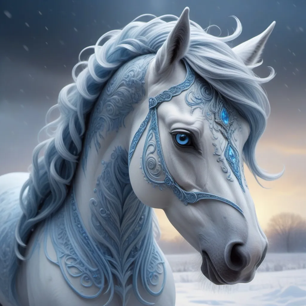 Prompt: art by  Phil Koch,Meghan Howland

"painting of a fantasy fairy horse in a snowstorm, ornate ears, piercing blue eyes, swirling grey and blue fur, beautiful wavy mane, ornate patterns, intricate details, front view head and shoulders portrait, 4k, white background, Unreal Engine, Artstation"



luminism, ultra  highly detailed, 32 k, 
Fantastic Realism complex background, dynamic lighting, lights, digital painting, intricated pose, highly detailed intricated,