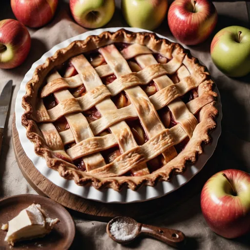 Prompt: a very tasty apple pie on a table, sidewiev, bakery, food photography, UHD, tasty, hipster aesthetics, rustic village vibes