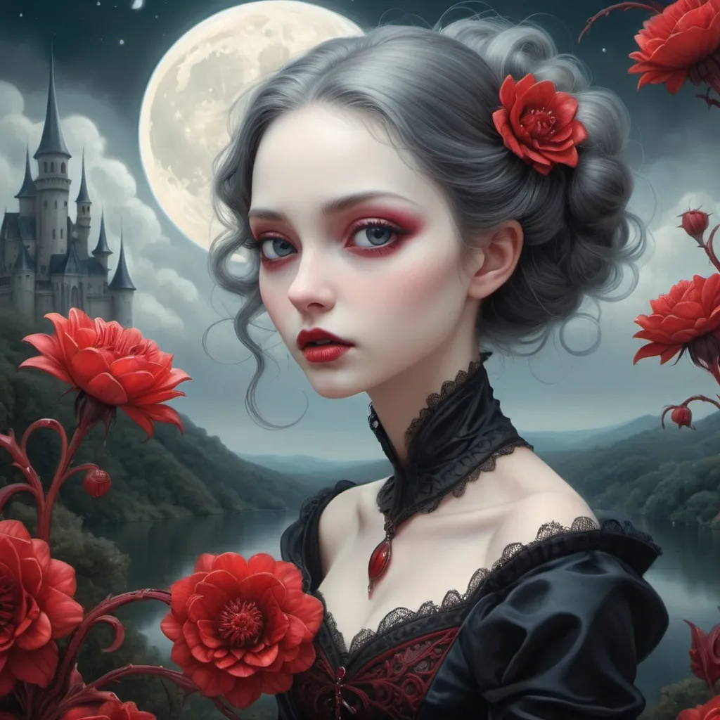 Prompt: gothic, surrealism, poster close-up, abstraction, detailed oil painting by mark todd, nicoletta ceccoli, ray caesar, vampire lady close-up on canvas, big moon, swirling red flowers, sparks, detailed sky with clouds, dramatic makeup, celestial lighting, shining aura, castle, forest, river, detailed sky, mystical, highly detailed, intricate pose, oil painting, thick brushstrokes, complex background, bright colors, masterpiece, high quality, clarity, anime style , ultra hd, realistic, vivid colors, highly detailed, UHD drawing, pen and ink, perfect composition, beautiful detailed intricate insanely detailed octane render trending on artstation, 8k artistic photography, photorealistic concept art, soft natural volumetric cinematic perfect light