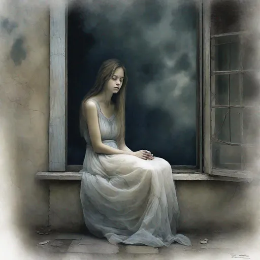 Prompt: A very beautiful dreamy ghostly young lady, very pretty face, remains alone and eternally sad  waiting sitting in her porch for her long lost love to return art by Daria Endresen, John Reuss, Lin Fengmian, Robert Ryman, Elger Esser, Rimel Neffati. 3d, watercolors and ink, beautiful, fantastic view, extremely detailed, intricate, best quality, highest definition