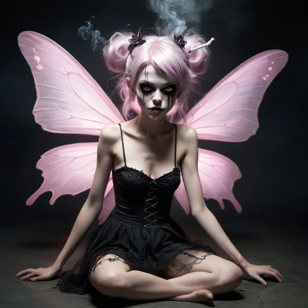 Prompt: psycho fairy that has killed several people after having a mental breakdown and smoking too much