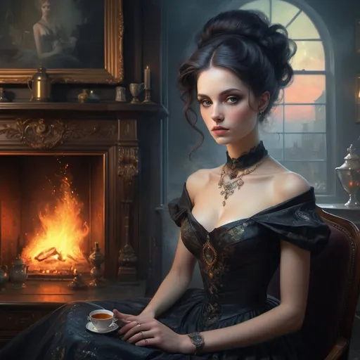 Prompt: Victorian era, tea o'clock, gentlemen and ladies around a brightly burning fireplace discussing the news, ultra detailed digital art masterpiece ,  Tom Bagshaw, Anne Bachelier, mixed with dark elements, dark environment , very dark night , clean silky fairy dress , no make up, natural face, abstract , big shiny eyes, ultra detailed atmospheric details, beautiful glowing effects , glowing sparkle effects , realistic body proportions, beautiful face proportions, complex masterpiece, wild hair style, creative glowing detailed tattoos, complex physics, enhanced colors, complimentary colors, ultra detailed raytracing reflections, Ultra detailed complex background, environment feels alive