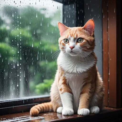 Prompt: Create an introverted based wallpaper with a rainy day with a cat outside in a rainy day 