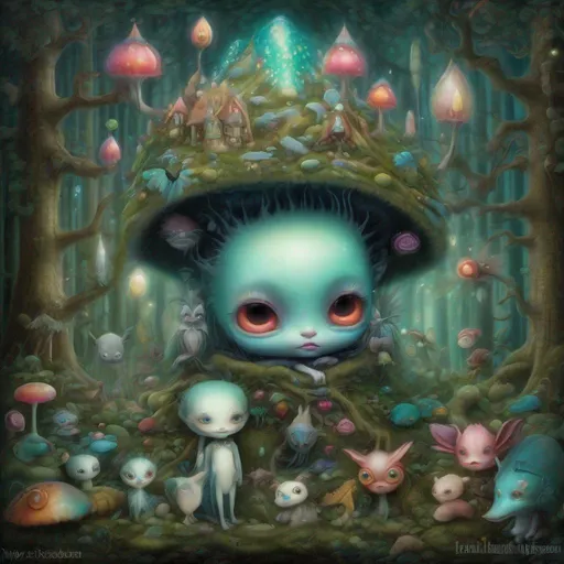Prompt: Fantasy Forest, Fantasy Dream critters, 32k, shimmering gems, 
detailed ink, acrylic, Craola, Nicoletta Ceccoli, Beeple, Jeremy Ketner Todd Lockwood, Mark Ryden, dark storybook illustration, storybook, mystical, very detailed unusual very detailed, masterpiece, high quality,
bright colors,
extremely large sharp luminous eyes,
intricate medieval patterns, realistic, ultra-high detailed medieval tapestry landscapes, dark, night, surreal landscape, cute fantasy critters, fantasy armor and dress, openwork medieval pattern, stylized flowers, dark atmospheric decorations of the old castle, dark burning torches, fantastic animals from myths, the flora of the Mediterranean, (gloomy mystical landscapes of Zdzisław Beksiński), movie, detailed matte painting of sinister Greg Rutkowski,
Brian Froud, 
character, Ridley Scott's sci-fi movie, 
Broken Glass effect, stunning, 
something that even doesn't exist, 
mythical being, 
energy, textures, iridescent and luminescent scales, breathtaking beauty, pure perfection, divine 
cinematic, dreamy, pleasure, bliss