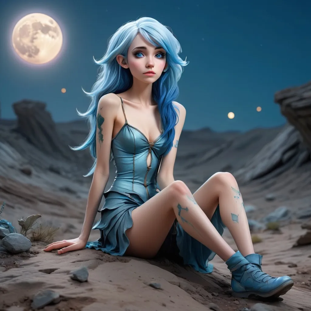 Prompt: photo-realistic beautiful slender hyper-feminine female blue-haired fairy sitting in a desolate moonscape