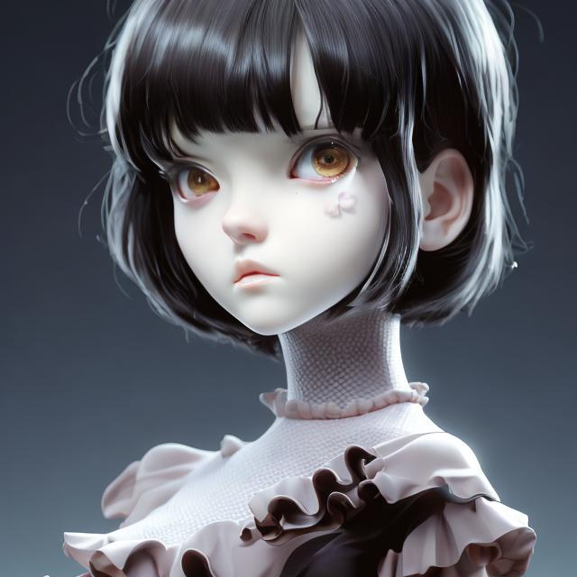 Prompt: girl with morbid thoughts wearing a black spring dress with short brown hair, queen of sharp needles and under the effect of psychosis, by Range Murata, Katsuhiro Otomo, Yoshitaka Amano, and Artgerm. 3D shadowing effect, 8K resolution.