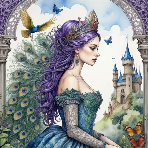 Prompt: An illustration in the style of Yerko. English watercolor, ink drawing. A beautiful princess escapes from the castle. Wind. Peacock bird, butterflies. Gothic, Baroque. Colors, blue, green, yellow, purple, red. Maximum detail. Hyperrealism, symbolism. Bestial Scythian style. Filigree details. Fractals. Zentangle. Ornaments and bas-reliefs. Colorful, dark botanical. Microdetailing The highest level of rendering quality. Photorealism