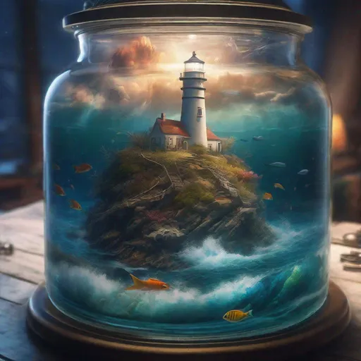 Prompt: "A closeup view Inside a beautiful  large crystal Jar we see a stunning lighthouse with a stunning underwater scene below the sea and above captured the lighthouse and a lovely village scene inside the jar, a stormy night with bright colours,the ocean is the background epic cinematic brilliant stunning intricate meticulously detailed dramatic atmospheric maximalist digital matte painting"