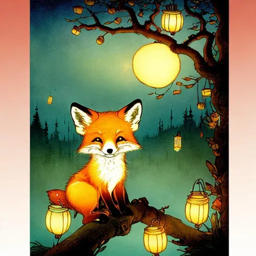 Prompt: Cute baby fox up on a tree branch with lanterns seeing sunset, colorful storybook illustrations by John bauer