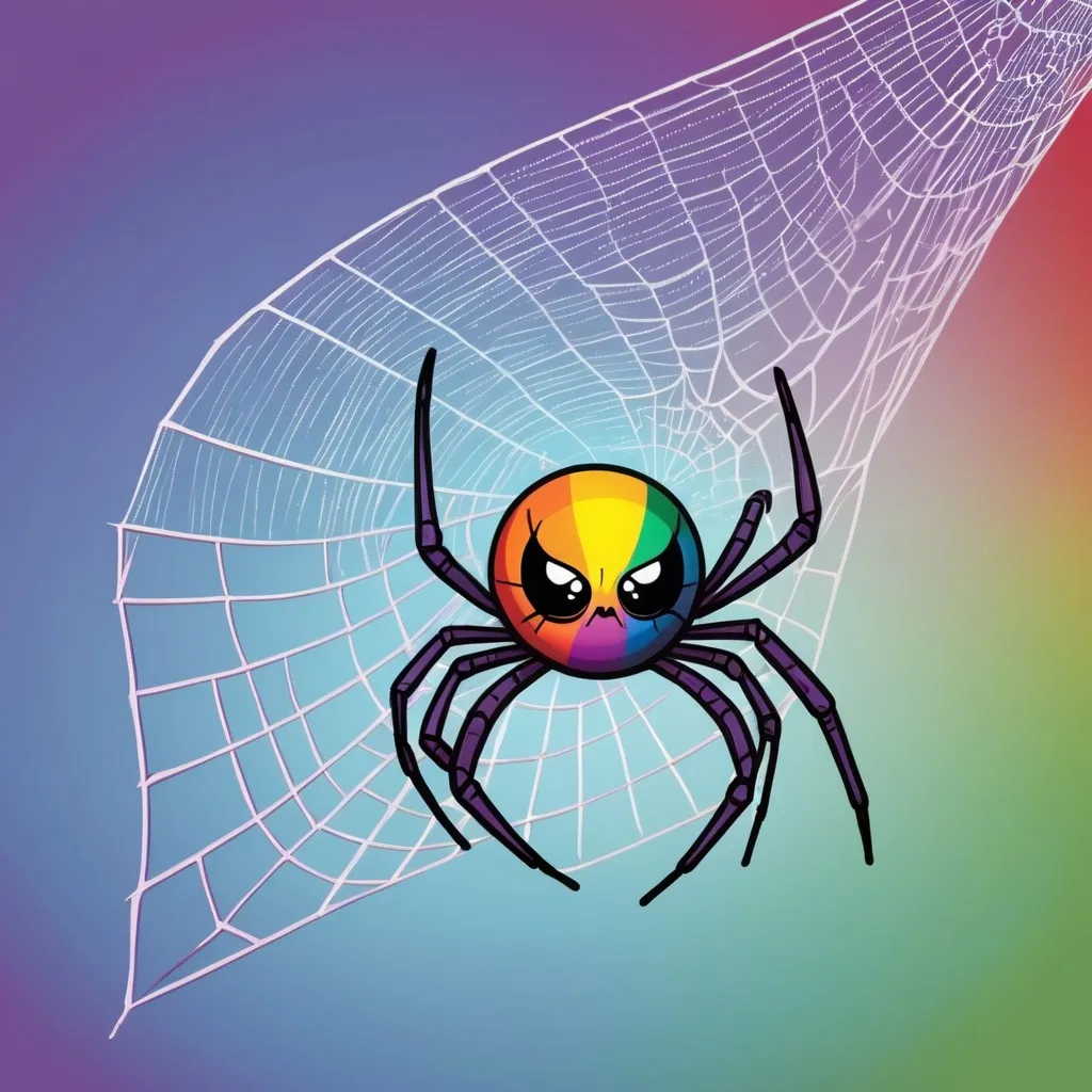 Prompt: a spider holding a rainbow in his net ,  comic style