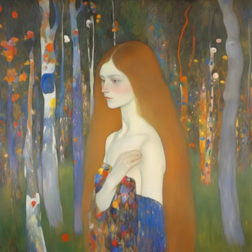 Prompt: The beautiful young lady, She comes in colors everywhere She combs her hair She's like a rainbow Coming, colors in the air Oh, everywhere She comes in colors, Gustav Klimt, Carboniferous Forest