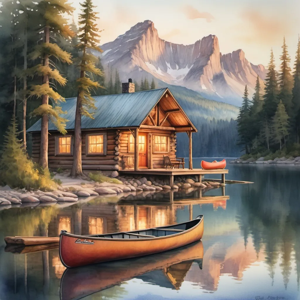 Prompt: Rustic cabin, nestled on mountain lake shore, surrounded by towering pines, reflecting on crystal clear water, warm glow from inside windows at twilight, canoe resting by the dock, distant mountains in soft focus, watercolor style, serene atmosphere, golden hour lighting, vivid colors, ultra-realistic.