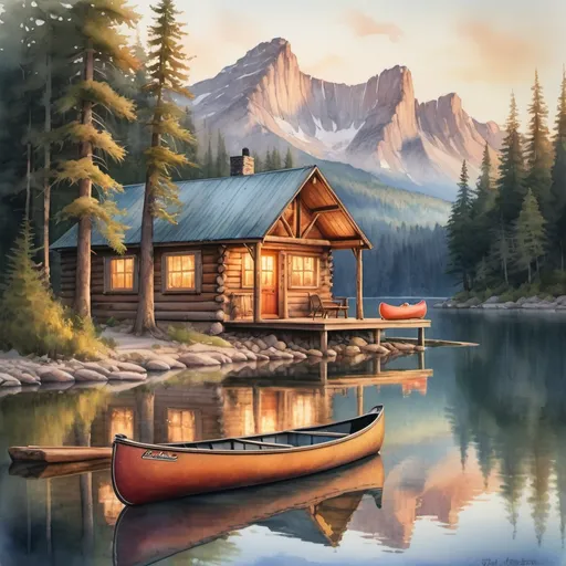 Prompt: Rustic cabin, nestled on mountain lake shore, surrounded by towering pines, reflecting on crystal clear water, warm glow from inside windows at twilight, canoe resting by the dock, distant mountains in soft focus, watercolor style, serene atmosphere, golden hour lighting, vivid colors, ultra-realistic.