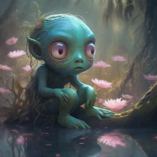 Prompt: A cute little sad spooky swamp spirit of the swamp spirit,

humidity, fog, will-o'-the-wisps,

cute and adorable, filigree, reflective eyes, flowers, rim lighting, lights, detailed eyes. magic, surreal, fantasy, digital art, wlop, artgerm and james jean, ultra hd, realistic, vivid colors, highly detailed, UHD drawing, pen and ink, perfect composition, beautiful detailed intricate insanely detailed octane render trending on artstation, 8k artistic photography, photorealistic concept art, soft natural volumetric cinematic perfect light, sf, intricate artwork masterpiece, ominous, matte painting movie poster, golden ratio, trending on cgsociety, intricate, epic, trending on artstation, by artgerm, h. r. giger and beksinski, highly detailed, vibrant, production cinematic character render, ultra high quality model, Miki Asai Macro photography, close-up, hyper detailed, trending on artstation, sharp focus, studio photo, intricate details, highly detailed, by greg rutkowski

Hashtag no filter,
Hashtag woke up like this,
Influenza style, ultra hd, realistic, vivid colors, highly detailed, UHD drawing, pen and ink, perfect composition, beautiful detailed intricate insanely detailed octane render trending on artstation, 8k artistic photography, photorealistic concept art, soft natural volumetric cinematic perfect light