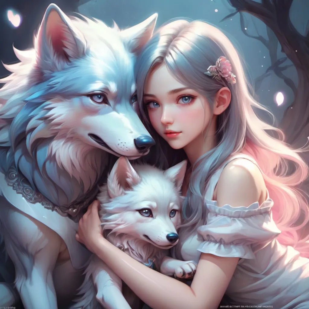 Prompt:  cute anime girl  with your wolf On your lap  , Soft Lighting, Intricate, Pastel colors, Digital painting, Artstation, Dreamlike, Whimsical, art by loish and sakimichan and mandy jurgens.
