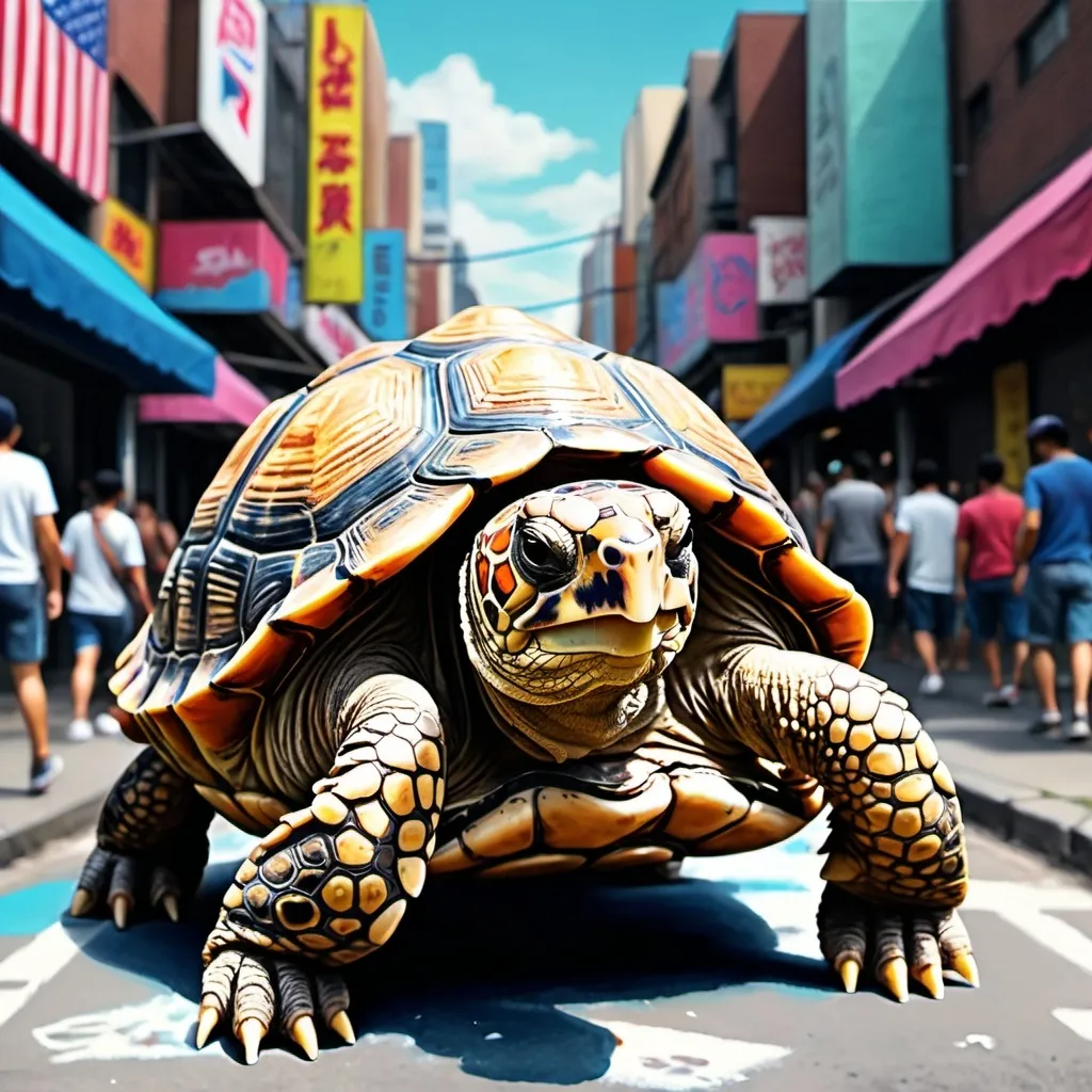 Prompt: pop art chalk pastel art of detailed tortoise wearing USA clothes playing in the streets in cyberpunk japan during a festival, sketch, detailed background, highres, fun atmosphere, natural lighting,  abstract, fun