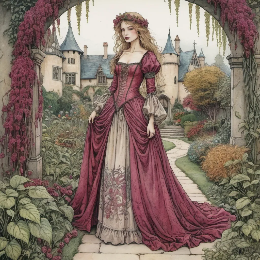 Prompt: "fairytale, medieval maiden, Amaranth-colored gown, garden with Amaranthus, arthur rackham style, beautiful colorful complex detailed"