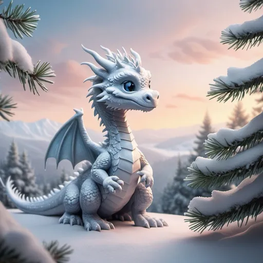 Prompt: A baby snow dragon next to a pine tree in a winter wonderland. The scene is cinematic, capturing the serene beauty of a snowy landscape. The dragon, small and endearing, with scales glistening like freshly fallen snow, is positioned beside a tall, majestic pine tree. The tree is heavily laden with snow, its branches drooping slightly under the weight. The background is a sweeping vista of a winter wonderland, with rolling snow-covered hills and a sky painted with the soft hues of a cold winter sunrise. The image should evoke a sense of wonder and magic, as if it's a scene from a fantasy movie.