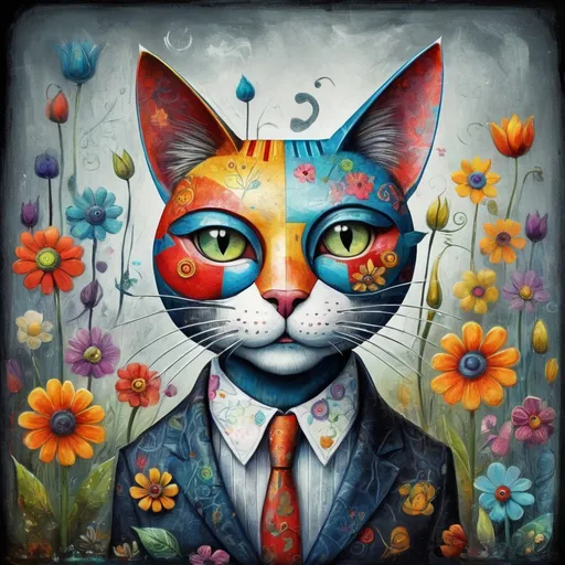 Prompt: Mr. Cat                                                                                                                                                                                                                                                                                                        
                                                                                                                                                                  
In style of Alexander Jansson, style Picasso, assured features, clean looks, expressive faces, inventiveness, originality, detailed, ambitious creation, clear and bright colors, artistic rendering, wonderful dream, cat , flowers. Retouch by pencil by Tim Burton (prompt modified by Stef)