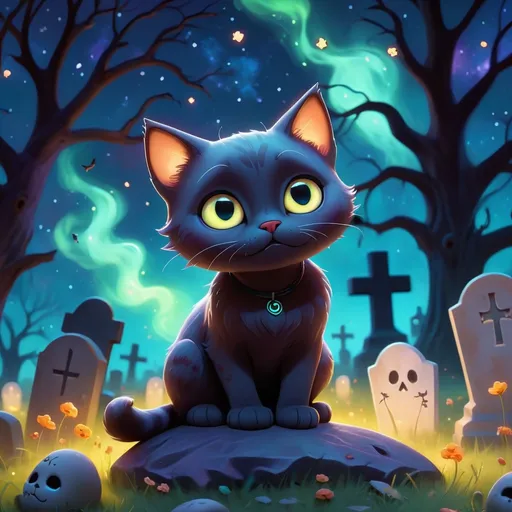 Prompt: Cute Pixar style painting, an adorable cat spirit, graveyard, midnight, translucent skin,  floating, nebula, galaxy, stars, fireflies, glowing eyes, glowing, Graves, cemetery, soft light, 4k, beautiful , gravestones, crypt, dead trees, hill