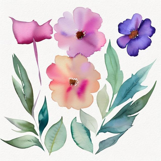 Prompt: watercolor flowers with stems and leaves