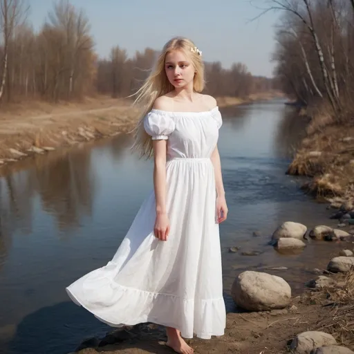 Prompt: Blonde girl in a snow-white dress in a beautiful world around a river with sour cream