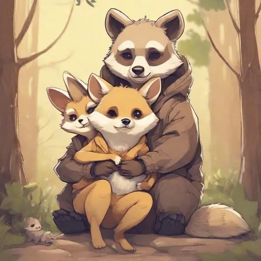 Prompt: anime style, cute, a bear cub with a fennec fox and a raccoon all sat together