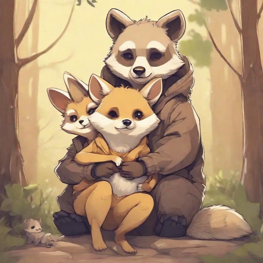 Prompt: anime style, cute, a bear cub with a fennec fox and a raccoon all sat together