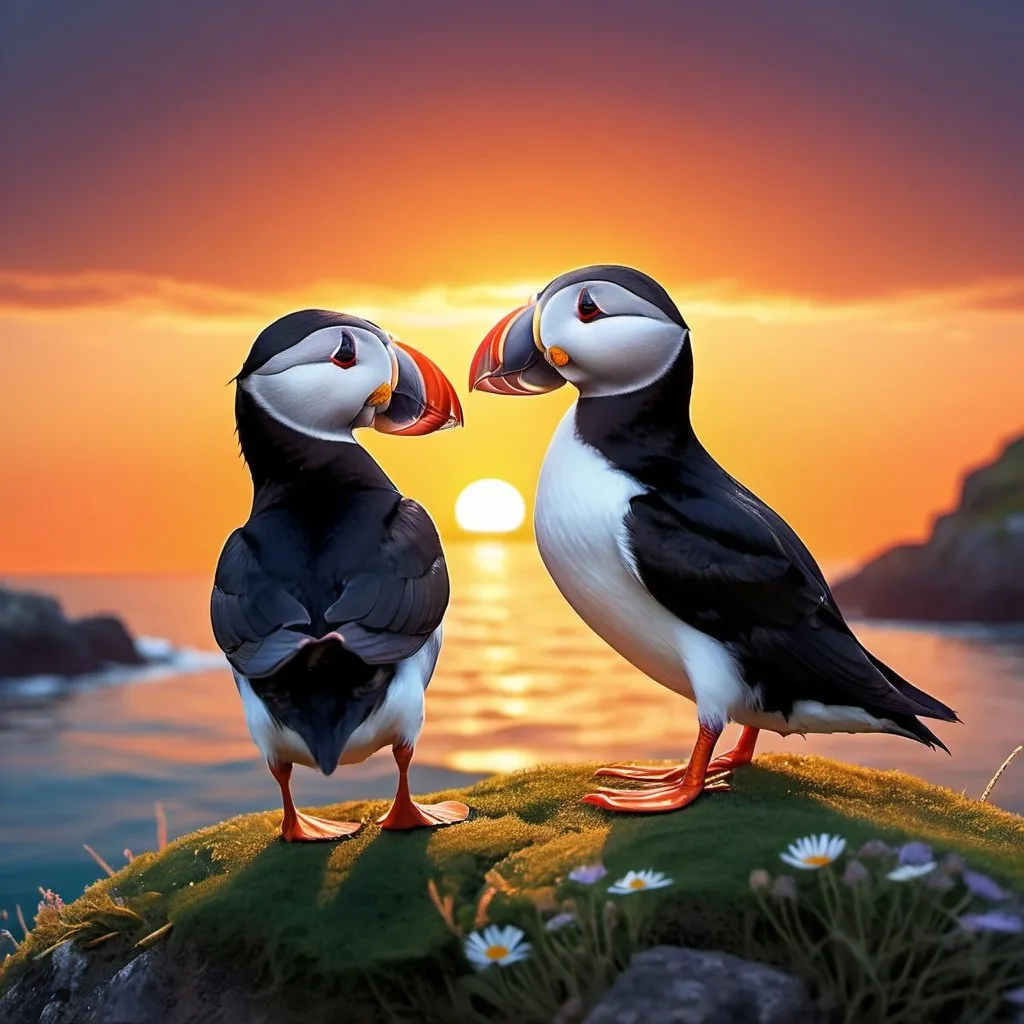 Prompt: Two Atlantic puffins at sunset, love birds, complementary colors, landscape, deep color intricately detailed, fantastical fantasy, detailed matte painting, intricate detail, splash screen, golden hour, sunshine rays