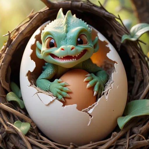 Prompt: new born, little dragon sleeping comfortable inside egg shell, warm, high quality, photo realistic, HD, 8k, homie,  cute,  morning,  nest, ranch, cute, fury, 