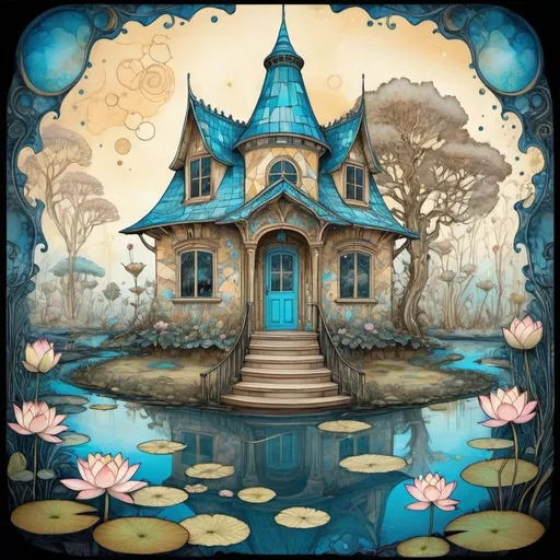 Prompt: Ink splatter!!! Surreal: a stunning geometrically detailed but unfinished pastel blue, beige, golden, hand-colored, flowing ink sketch of a whimsical cottage with a Lotus pond in front; 2D Black Ink Outlines: Shaky Outlines: Jeremiah Ketner Android Jones Josephine Wall Chris Dyer: Art Nouveau: Trending in Deviantart: Psychedelic Fractal <lora:MosaicD:1.0> <lora:Ink-A:1.0>