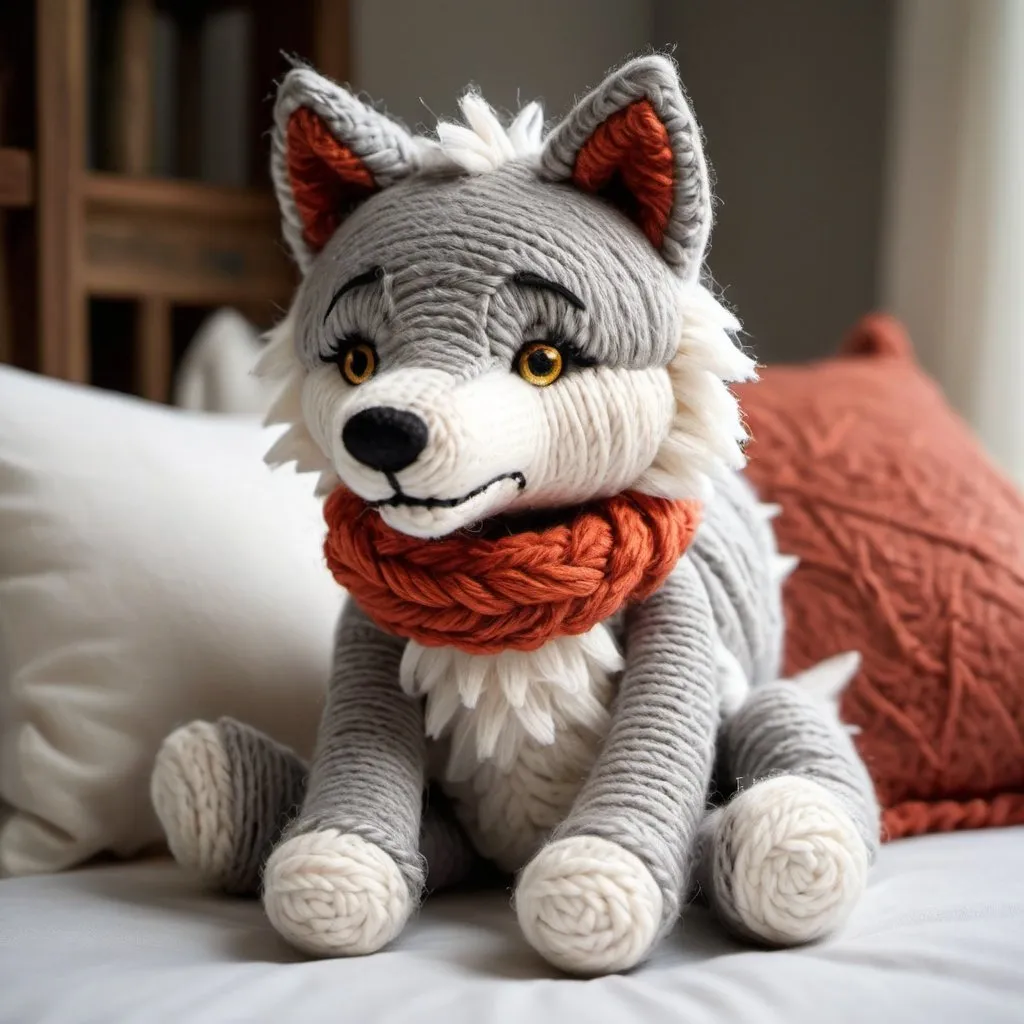 Prompt: Capture an image of an enchanting, delightful, and nearly resistible wolf plushie masterfully crafted out of yarn. This wolf toy is positioned in the center on a comfortable bed, highlighting its quaint yet exquisite details. The entire image should carry an impromptu, amateur quality, emphasizing natural lighting and light-focused composition. Overall, the scene should hold a genuine, raw atmosphere that captures the viewer's attention and soothes their senses