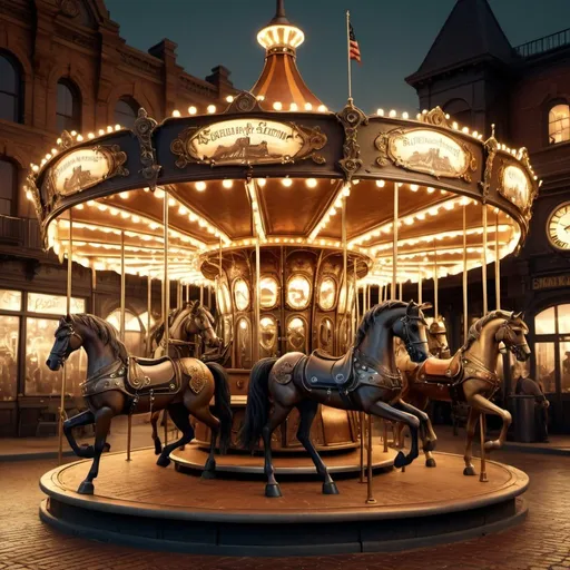 Prompt: Steampunk carousel, brass gears and pipes adorning the ornate horses and benches, intricate clockwork mechanisms visible, Victorian era attire on horse figures, tarnished bronze and patina accents, glowing amber lights, cobblestone base, old-world atmosphere, sepia-toned ambiance, digital painting, ultra-detailed, cinematic lighting.