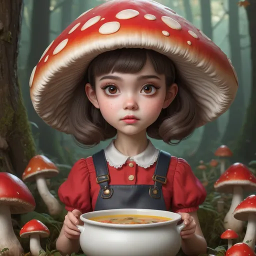 Prompt: An epic fantasy comic book style portrait painting of an extremely cute and adorable very beautiful mushroom soup girl, character design by Mark Ryden and Pixar and Hayao Miyazaki, unreal 5, DAZ, hyperrealistic, octane render, cosplay, RPG portrait, dynamic lighting, intricate detail, harvest fall vibrancy, cinematic