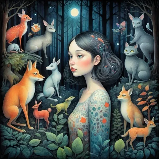 Prompt: The very Pretty girl and beautiful creatures at a magical night forest Illustration art by Loish, Michael Leunig, Edward Okun, anna dittmann, Kazumasa Nagai, Desmond Morris. 3/4 body portrait, 3d, Watercolor and ink, impasto, volumetric lighting, spectacular, intricate, beautiful, fantastic view, extremely detailed