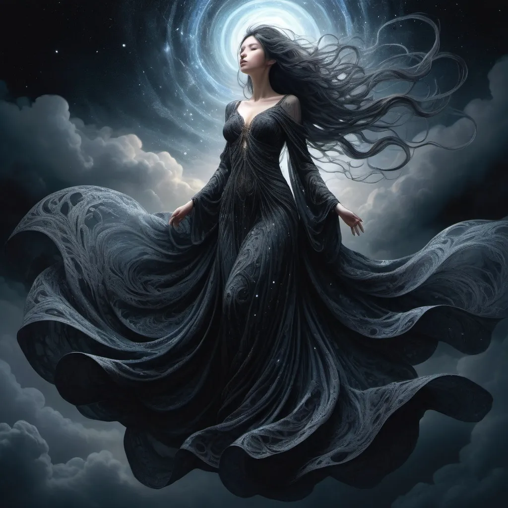 Prompt: painting of a spirit of darkness, descending from the sky, intricate long flowing gown, hyperdetailed by yoshitaka amano and Ekaterina Savic, fantasy art, celestial, ethereal, digital illustration, volumetric lighting