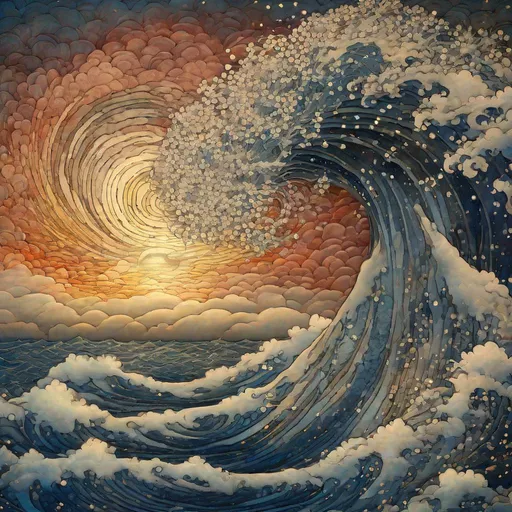 Prompt: Shining light and dazzling clouds of Ge Qi Hokusai,ultra highly detailed stained flowers, the sea by Andy Kehoe, Hokusai,  detailed sky, summer ,sea, swirling waves, colorful sunset, sunlight, sunbeams, swirling clouds, sparks, digital painting, highly detailed, filigree, intricate, intricate pose, clarity, high quality