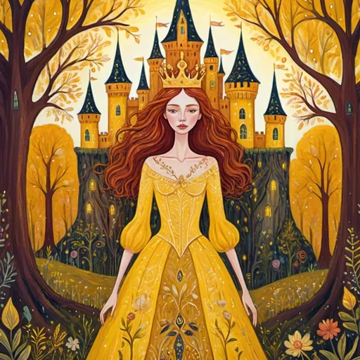 Prompt: Yellow ethereal Naive art brut fairytale yellow queen auburn hair in front of her castle in the woods
