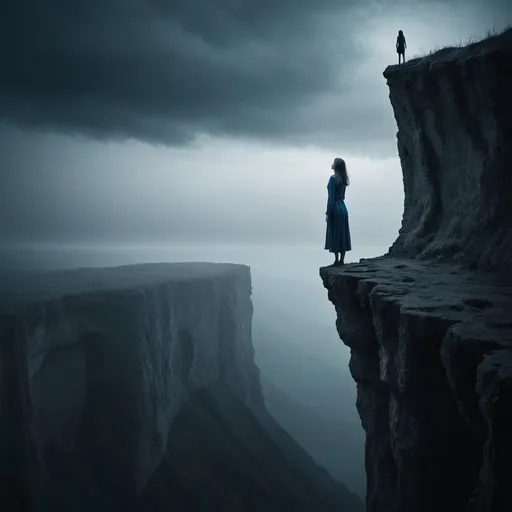 Prompt: A woman standing at the edge of a cliff, leaning towards the eternal abyss and beginning to fall, negative emotions, depression, oppressive, despair, dark mood, blue tones, <lora:Ocean Deep:0.6>