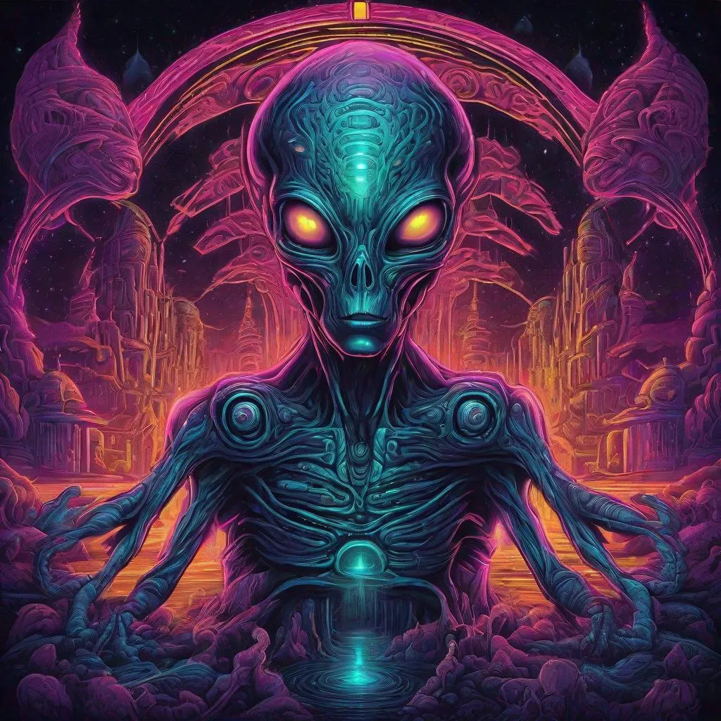 Prompt: Hypnotic illustration of an alien, hypnotic psychedelic art by Dan Mumford, pop surrealism, dark glow neon paint, mystical, Behance