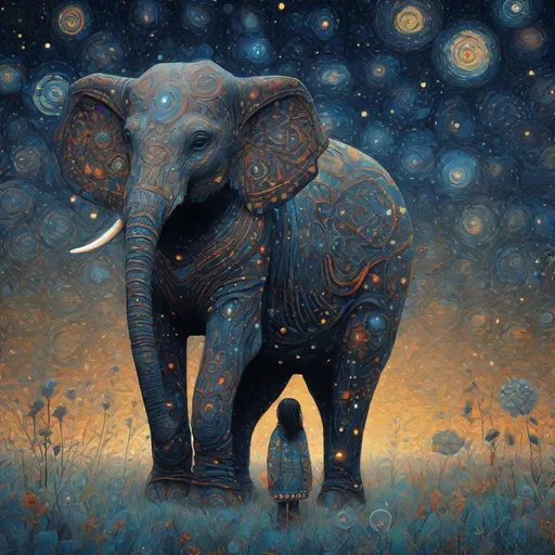 Prompt: The native american pretty girl wearing her starry clothes with her cute elephant friend. In style of james r eads,  Sam Toft, Anna dittmann, Justin Gaffrey, John Lowrie Morrison, Patty Maher, John Ruskin, Chris Friel, van Gogh. 3d, extremely detailed, intricate cinematic lighting, high definition 