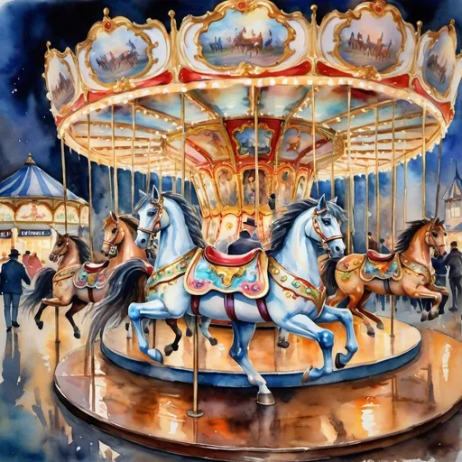 Prompt: wonderful painting watercolor vibrating victorian merry-go-round bustling with majestic horses, the horse has four legs beautiful tail and mane, beautiful eyes, beautiful muzzle, the carousel is colorful, it is lit with colorful lights, the horse is on the carousel, beautiful, carousel, beautiful carousel, fabulous carousel with horses, MONET